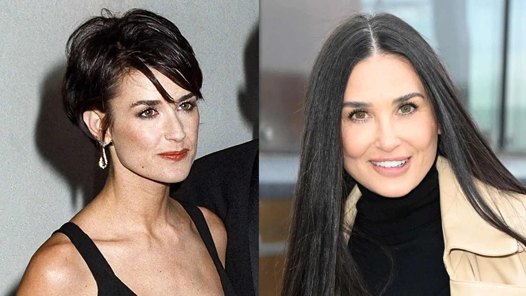 Demi Moore pred rokmi vľavo, vpravo v roku 2023.