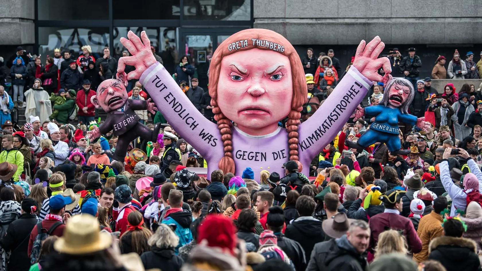 Karikatúra Grety Thunberg na nemeckom festivale v Düsseldorfe