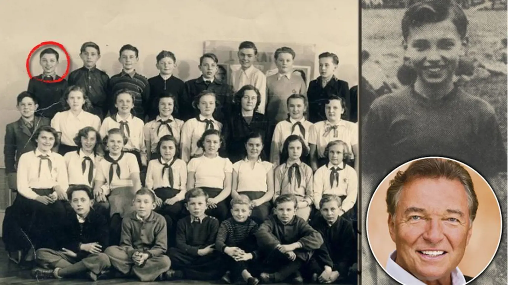Karel Gott (hore vľavo) na školskej fotografii z roku 1953.