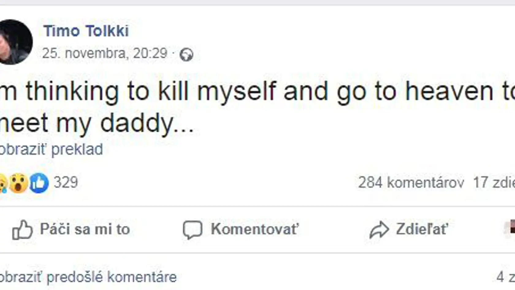 Timo sa v statuse na Facebooku vyhrážal samovraždou.