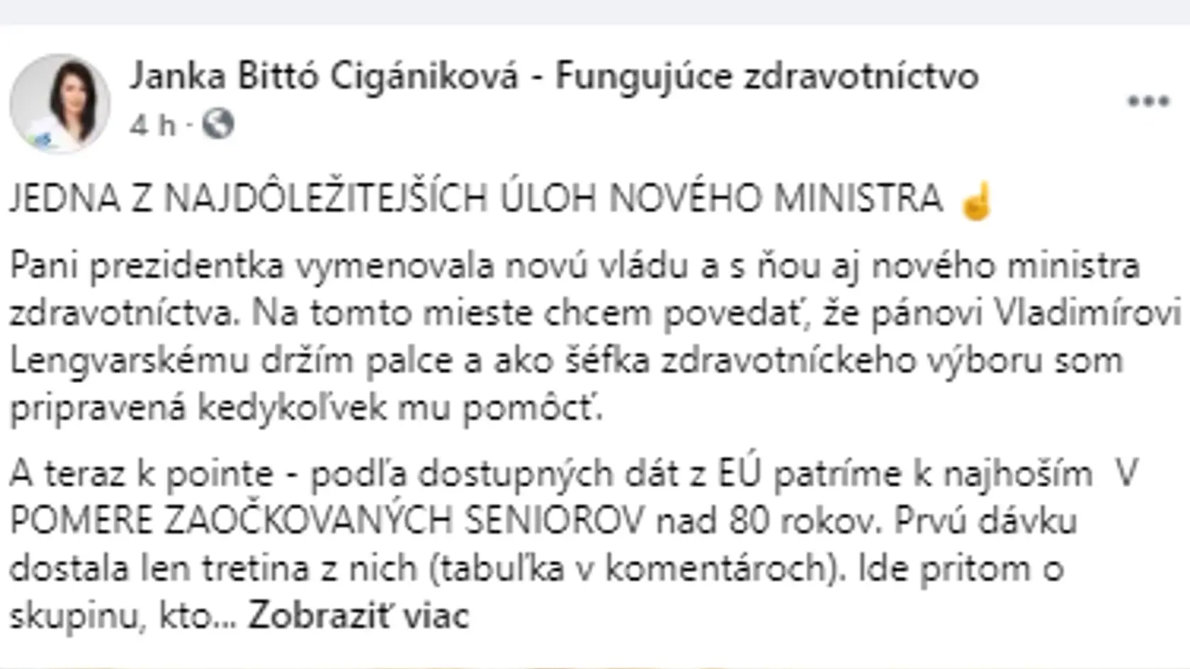 Poslankyňa SaS Jana Bittó Cigániková sa vo svojej prvej reakcii na vymenovanie vlády Eduarda Hegera zamerala predovšetkým na nového ministra zdravotníctva Vladimíra Lengvarského.