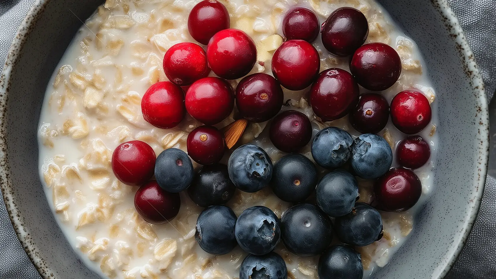Raňajky: Ovsené vločky s bobuľami
Čo treba: 200 g mlieka, 100 g čučoriedok, 40 g sušených brusníc, 50 g ovsených vločiek
Postup: Mlieko zohrejeme, pridáme ovsené vločky. Varíme na miernom ohni, kým kaša nezhustne. Servírujeme s brusnicami a čučoriedkami.
Kalórie: 322 kcal, Bielkoviny: 9,6 g, Sacharidy: 12,4 g, Tuky: 82,5 g, Vláknina: 8 g