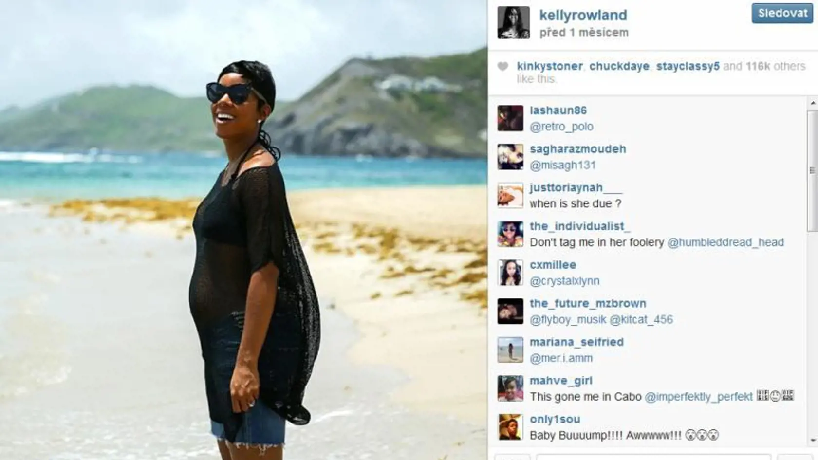 Póza s bruškom: Kelly Rowland na pláži.