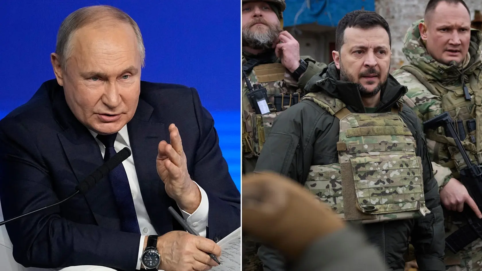Ruský prezident Vladimir Putin a ukrajinský prezident Volodymyr Zelenskyj.