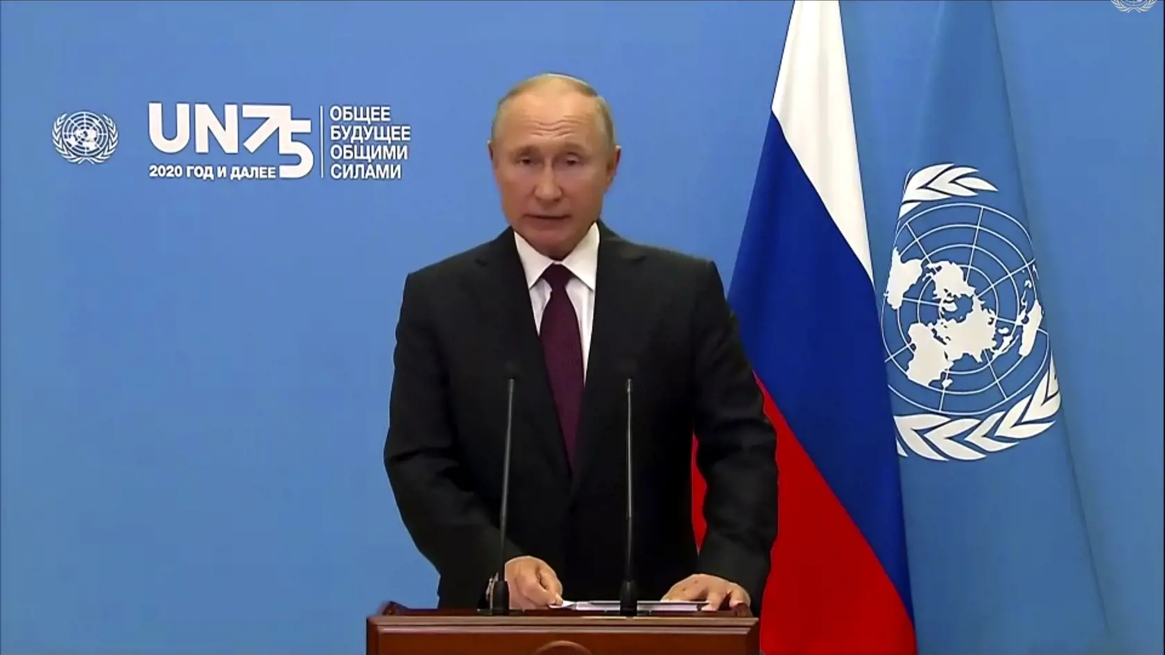 JB 35 Moskva - Na snímke z videa UNTV ruský prezident Vladimir Putin počas televízneho prejavu na 75. Valnom zhromaždení OSN v New Yorku, kde sa začala všeobecná rozprava, v Moskve 22. septembra 2020. FOTO TASR/AP