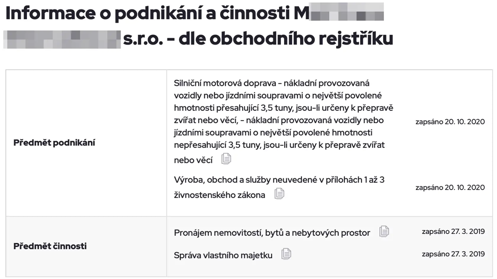 Výpis z českého obchodného registra firmy, ktorú založil Humenčan a ktorej kamión v zahraničí zadržali s desiatkami kíl hašišu.