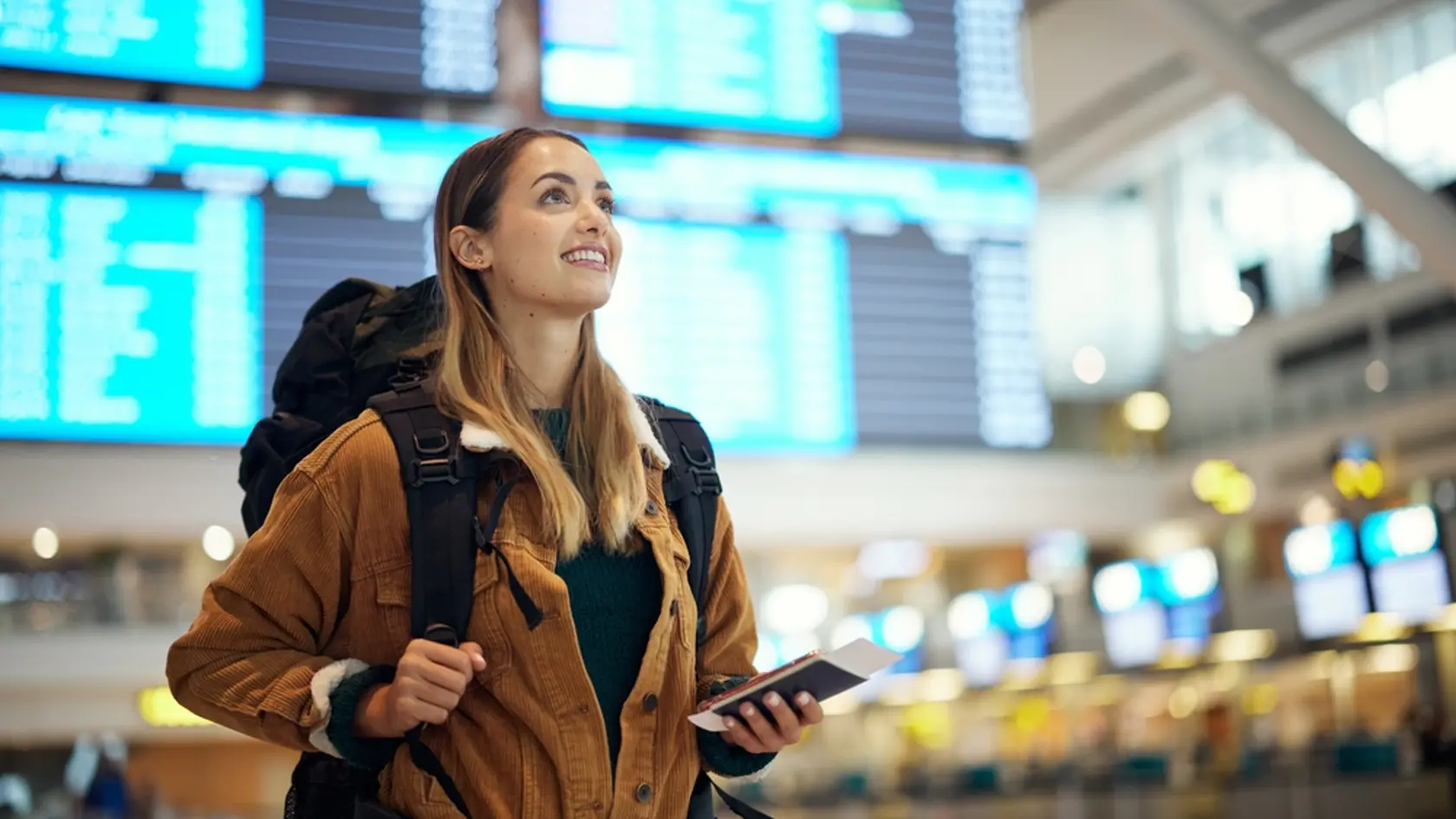 Travel,,Airport,And,Excited,Woman,With,Passport.,Travel,Ticket,And