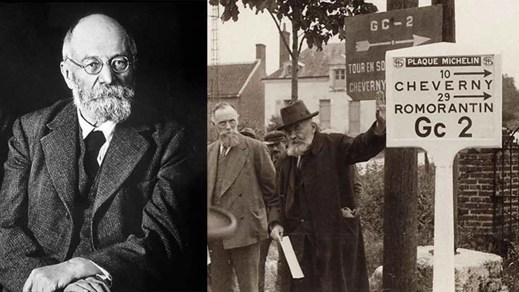 Edouard Michelin (vľavo) a Andre Michelin predstavujúce dopravné značky spoločnosti verejným orgánom v roku 1926.
