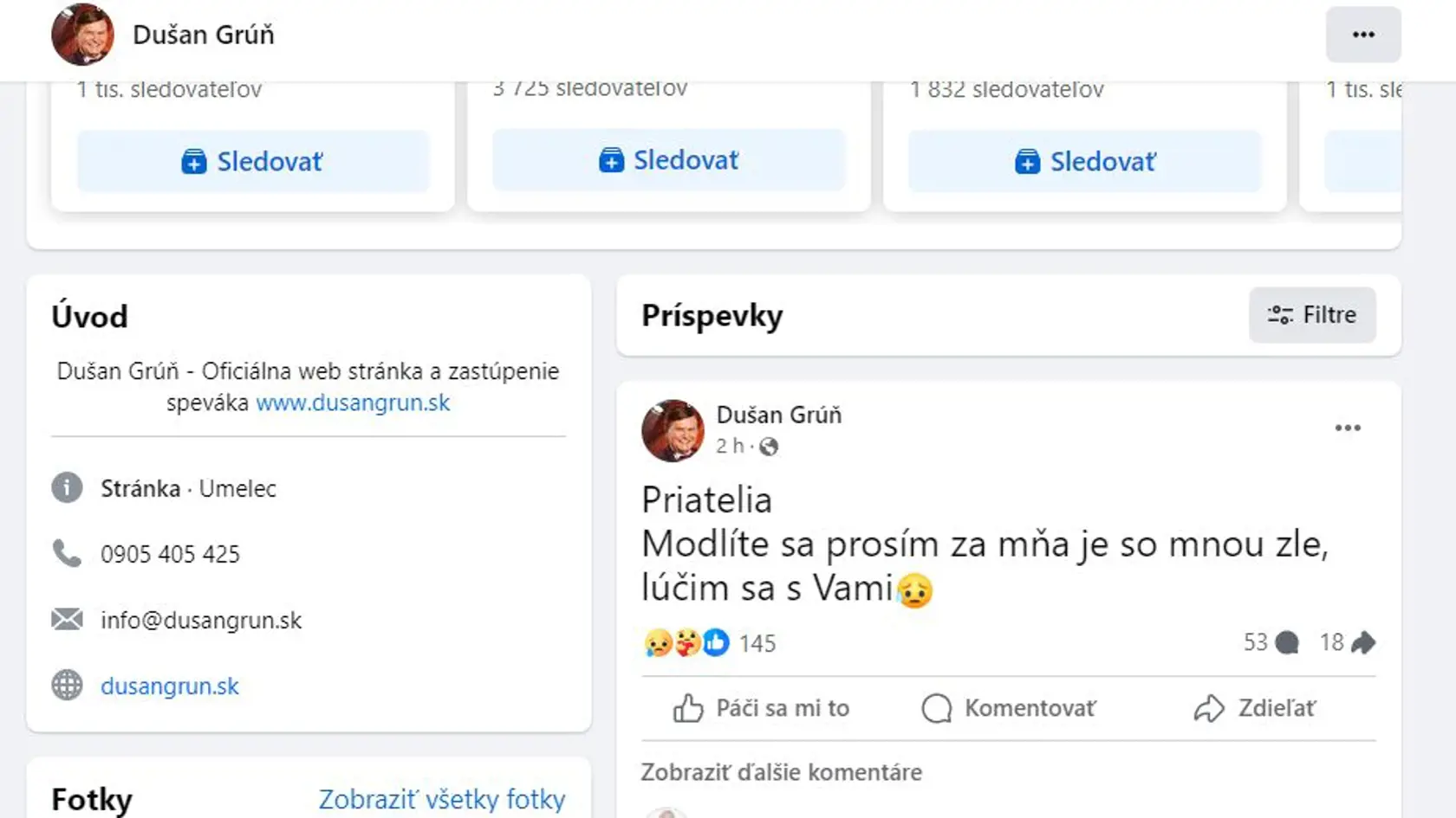 Status na fanúšikovskej stránke Dušana Grúňa na Facebooku.