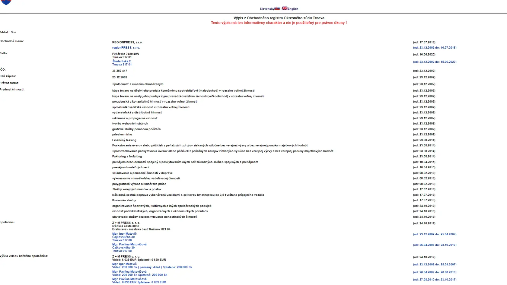 Výpis z obchodného registra z ktorého je zrejmé, že Matovičova firma regionPRESS bola založená v roku 2002.