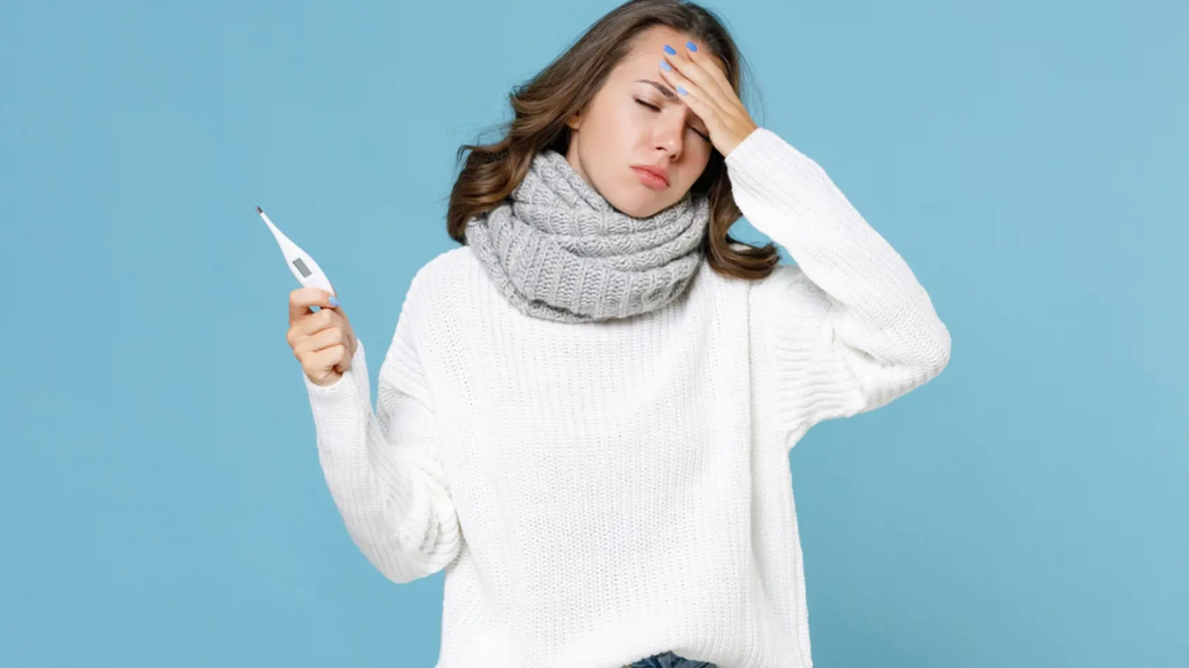 Tired,Sick,Young,Woman,In,Sweater,Scarf,Hold,Thermometer,Put