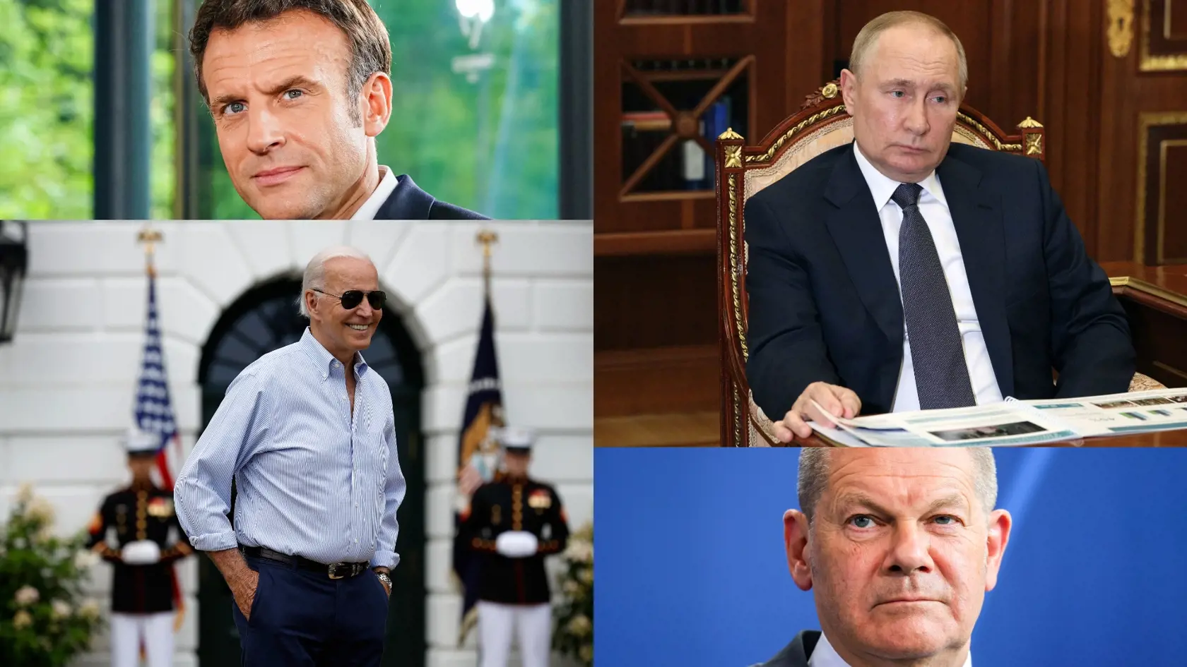 Emmanuel Macron, Joe Biden a Vladimir Putin (Ilustračné foto)