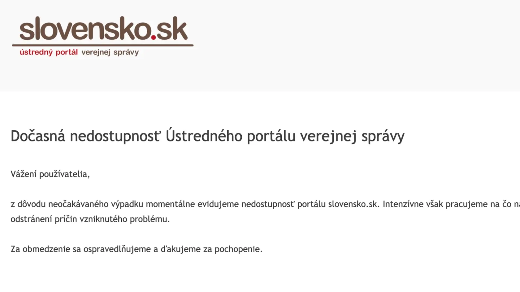 Ústredný portál verejnej správy Slovensko.sk je už niekoľko hodín nedostupný.