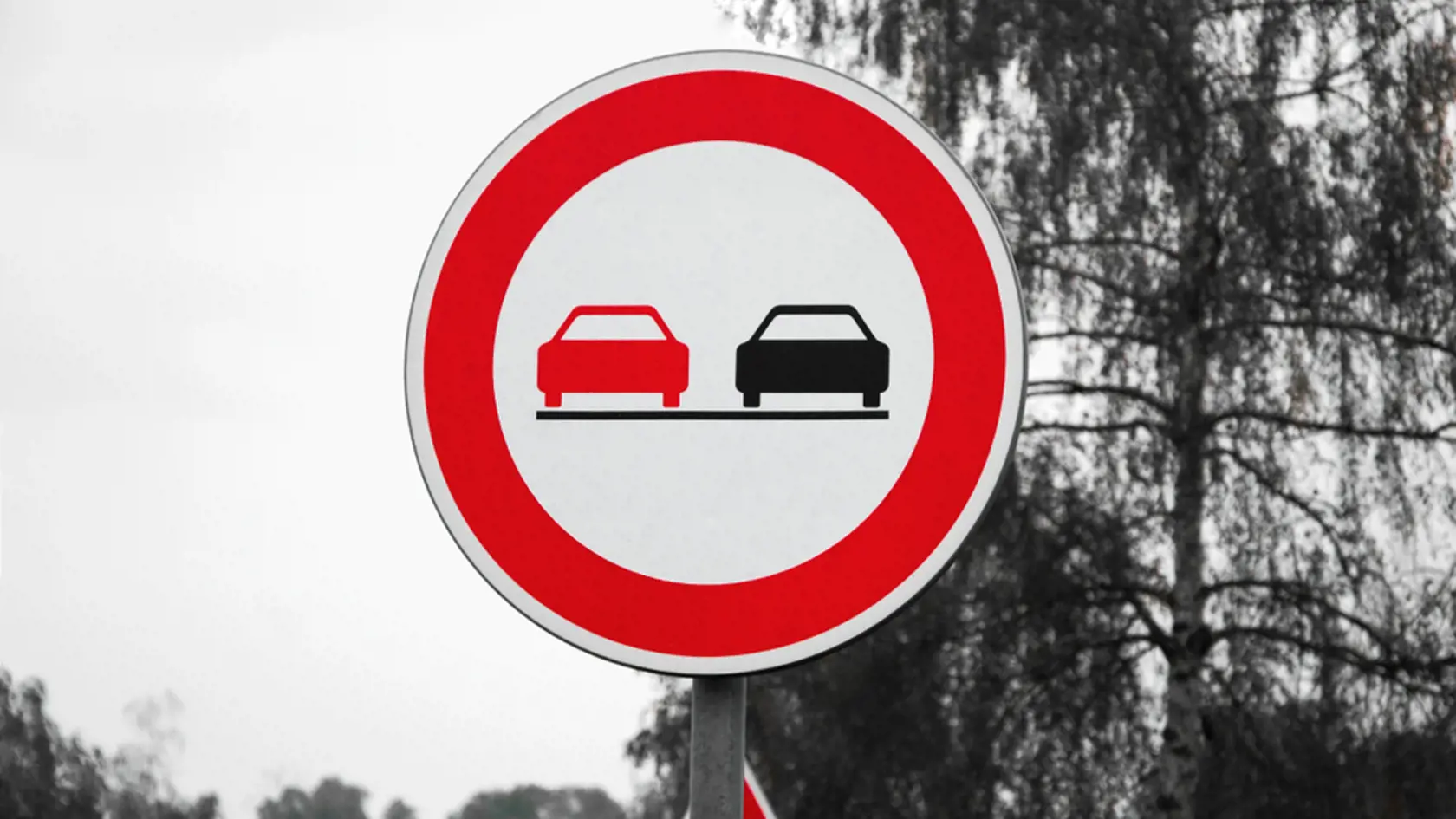 European (Slovakia) prohibited overtaking sign on the road with other sign behind on black and white background with trees. Traffic sign - no passing zone in bad weather.