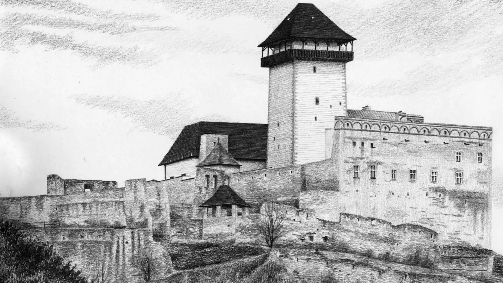 Trenčiansky hrad a detailná kresba J. Vitka.