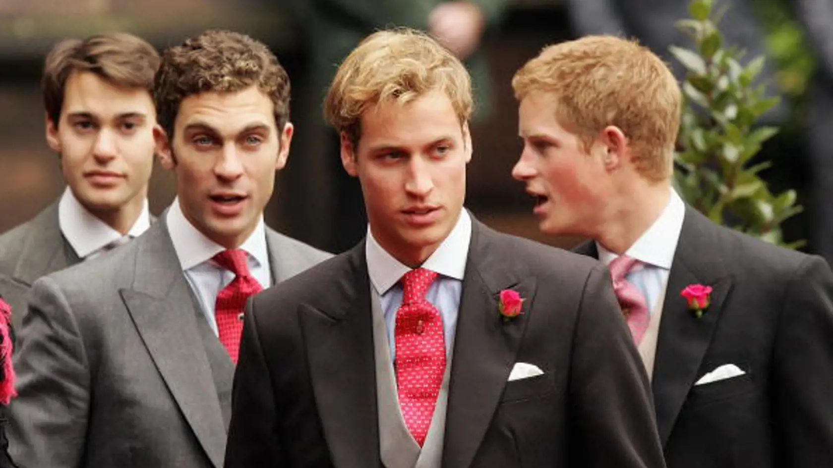 CHESTER, ENGLAND - NOVEMBER 6:  Princes Harry (R) and William (2nd from R) leave Chester Cathedral after the wedding of Lady Tamara Grovesnor on November 6, 2004 in Chester, England. Lady Tamara is the eldest daughter  of The Duke and Duchess of Westminster and Edward van Cutsem - a good friend of Prince William - is the eldest son of the van Custem's. Van Cutsem, 30, famously accompanied Prince William on his travels to South Africa in 2000, and his parents are close friends of The Prince Of Wa