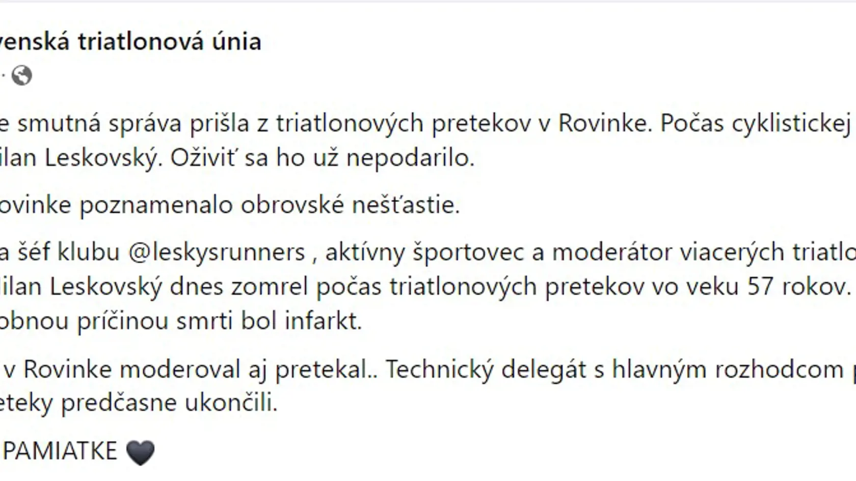 Na Milana Leskovského si spomenuli na sociálnej sieti aj bežecké organizácie.