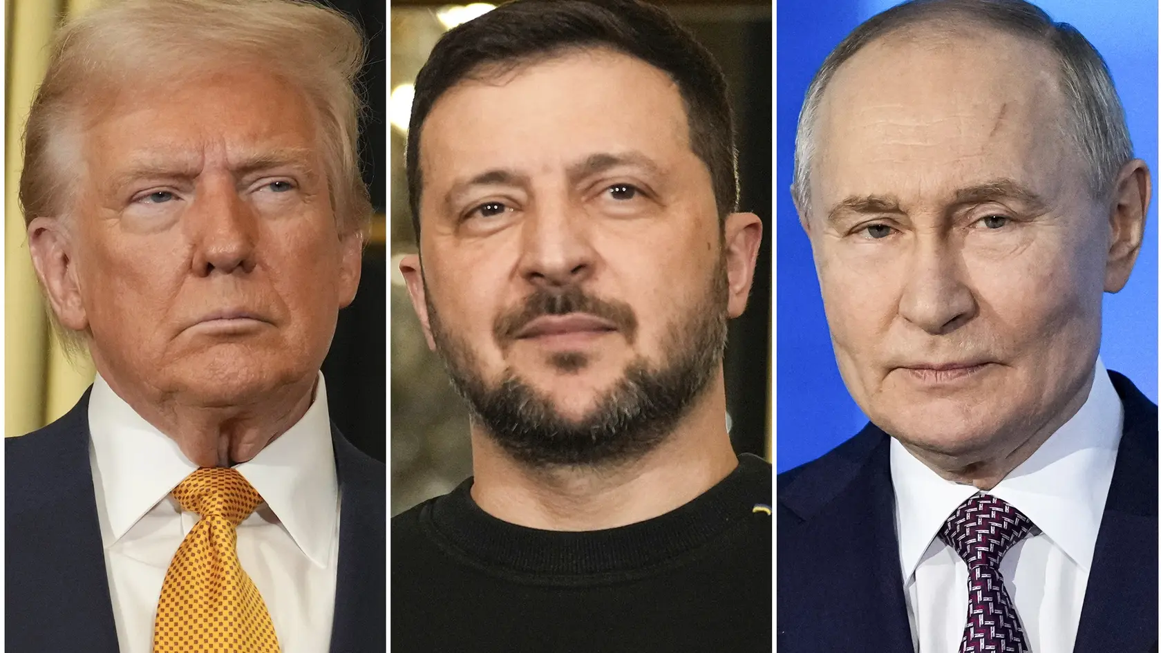 Zľava americký prezident Donald Trump, ukrajinský prezident Volodymyr Zelenskyj a ruský prezident Vladimir Putin.