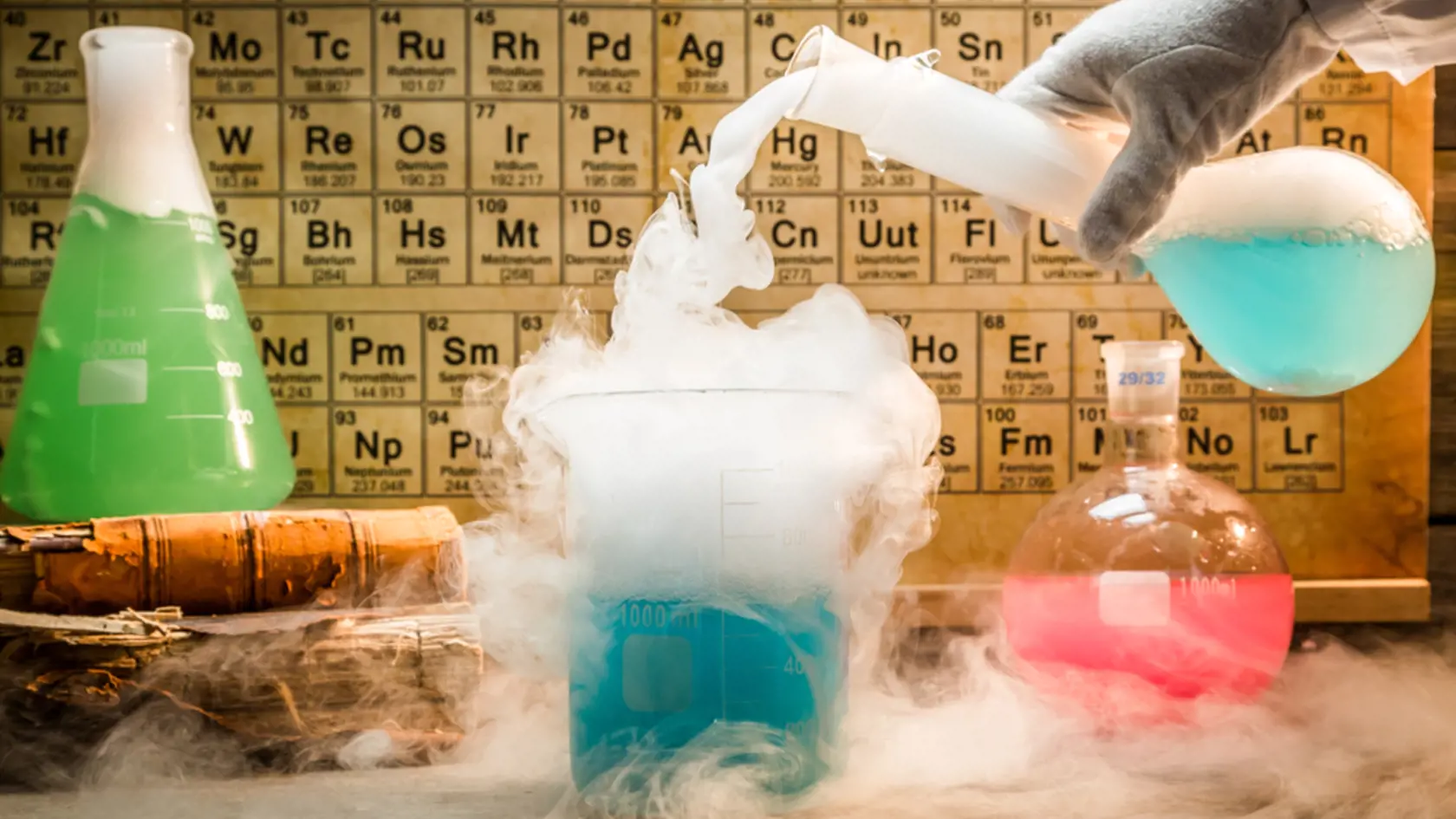 University chemical lab during experiment with periodic table of elements