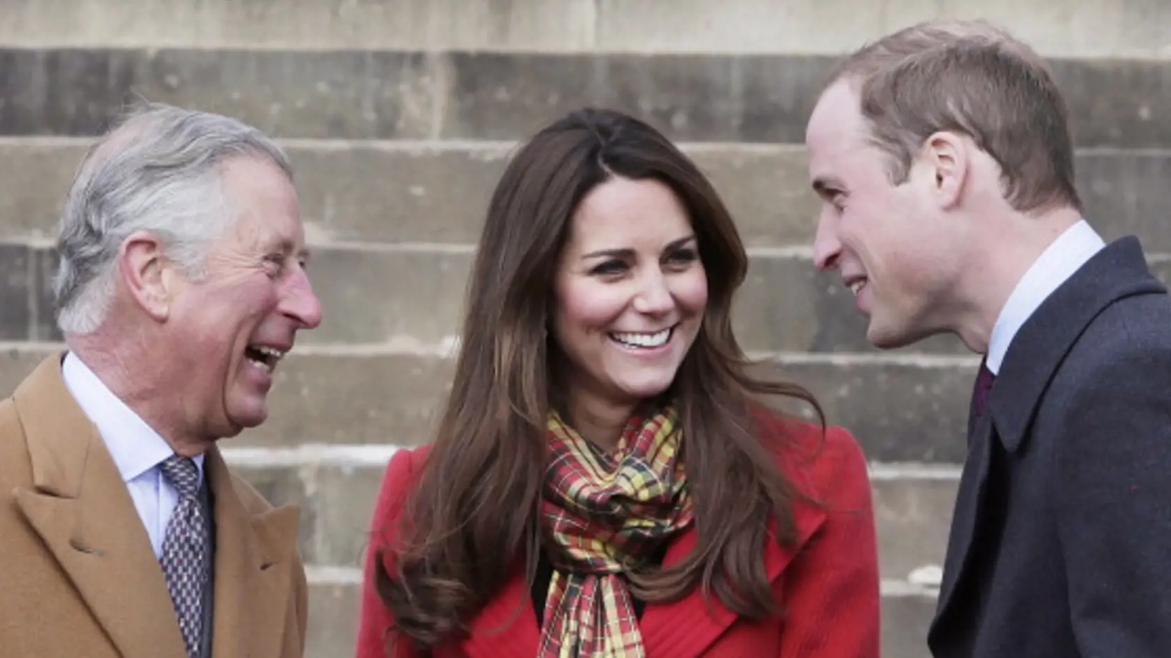 AYRSHIRE, UNITED KINGDOM - MARCH 05: Prince Charles, Duke of Rothesay, Catherine, Countess of Strathearn and Prince William, Earl of Strathearn share a joke during a visit to Dumfries House on March 05, 2013 in Ayrshire, Scotland. The Duke and Duchess of Cambridge braved the bitter cold to attend the opening of an outdoor centre in Scotland today. The couple joined the Prince of Wales at Dumfries House in Ayrshire where Charles has led a regeneration project since 2007. Hundreds of locals and 60