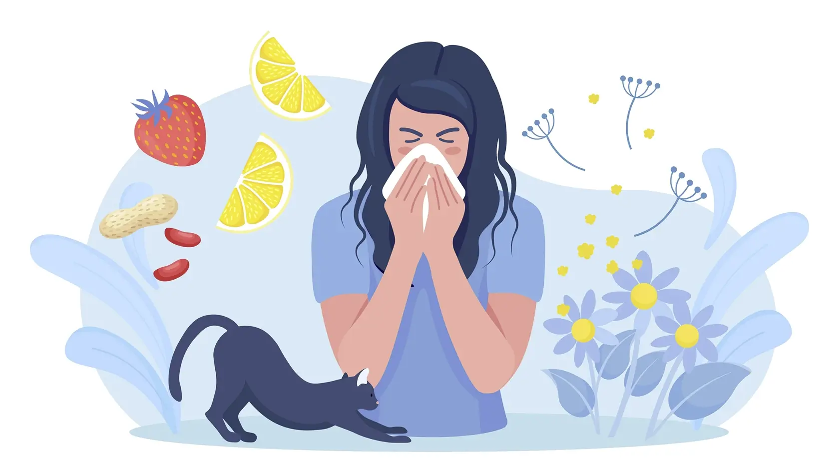 Woman with allergy from pollen, cat fur, citrus, peanuts or berry. Runny nose and watery eyes. Seasonal disease. Causes of allergy. Illness with cough, cold and sneeze symptoms. Vector illustration