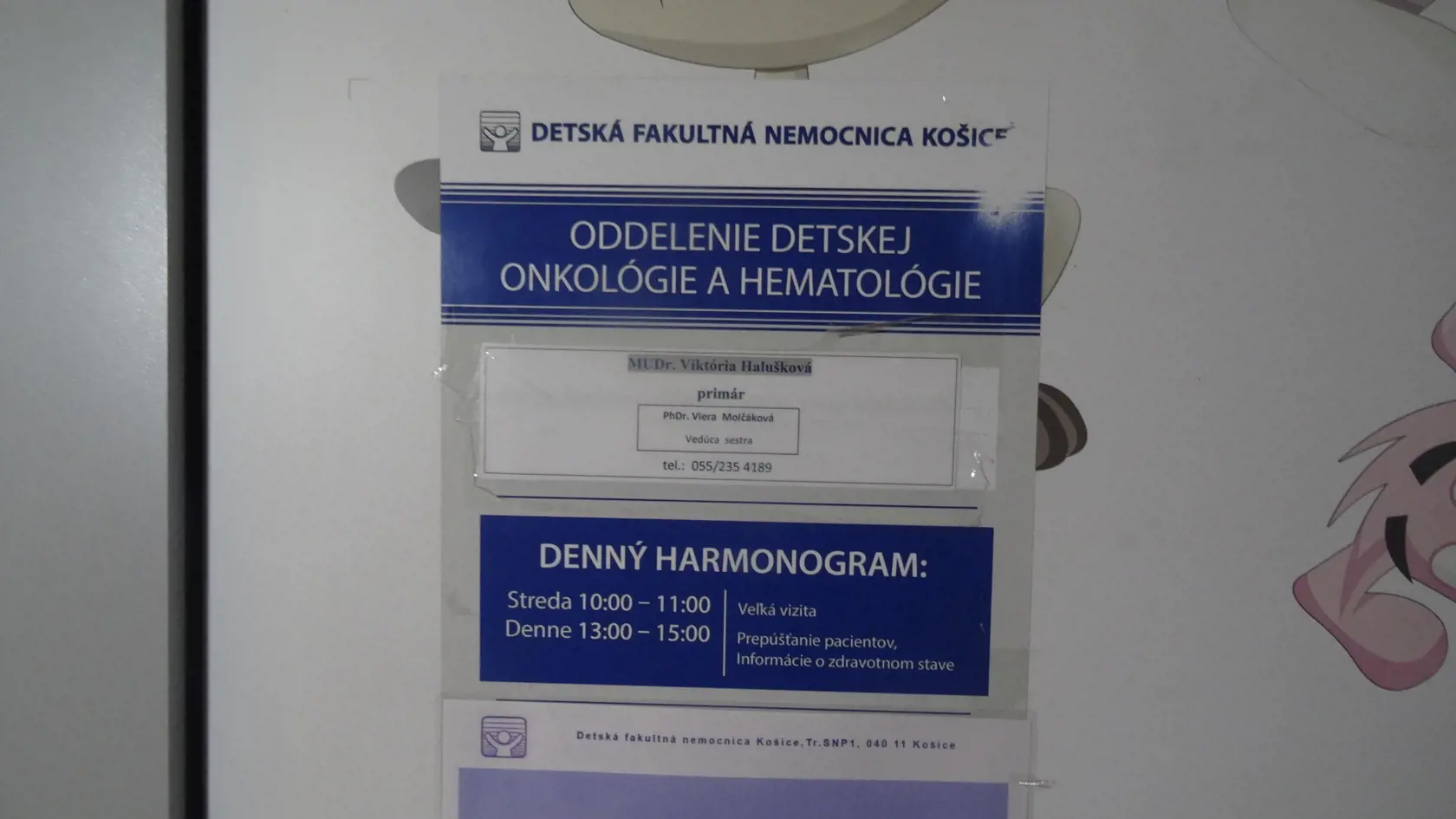 Vstup na Oddelenia detskej onkológie a hematológie DFN v Košiciach.