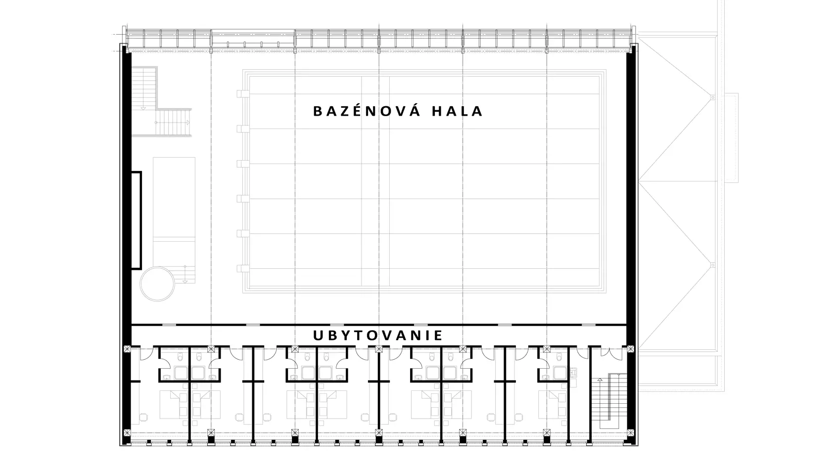 Pôdorys 3. nadzemného podlažia zrekonštruovanej mestskej plavárne v Trebišove.