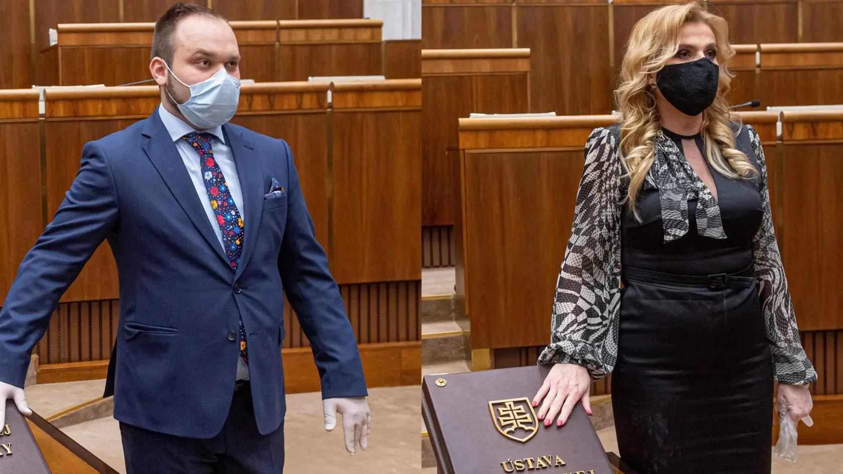 Poslanec OĽaNO Tomáš Šudík a poslankyňa za Smer-SD Jana Vaľová pri skladaní poslaneckého sľubu. Teraz svoje nezhody riešia na polícii.