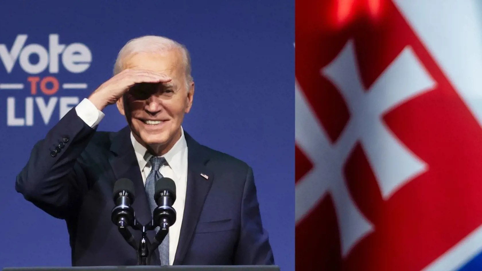 Na kombosnímke americký prezident Joe Biden a slovenská zástava,