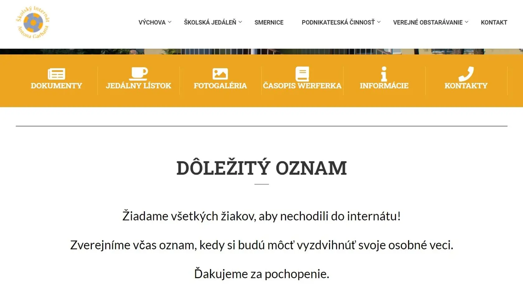Oznam pre študentov na stránke ŠD Antona Garbana v Košiciach.