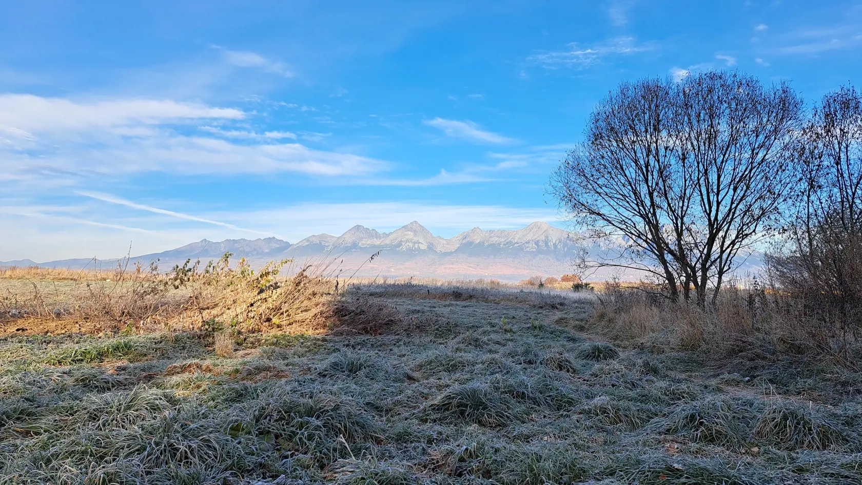 Na snímke zamrznutá tráva a v pozadí Vysoké Tatry počas prízemného mrazu v Poprade v utorok ráno 12. novembra 2024. FOTO TASR - Adriána Hudecová