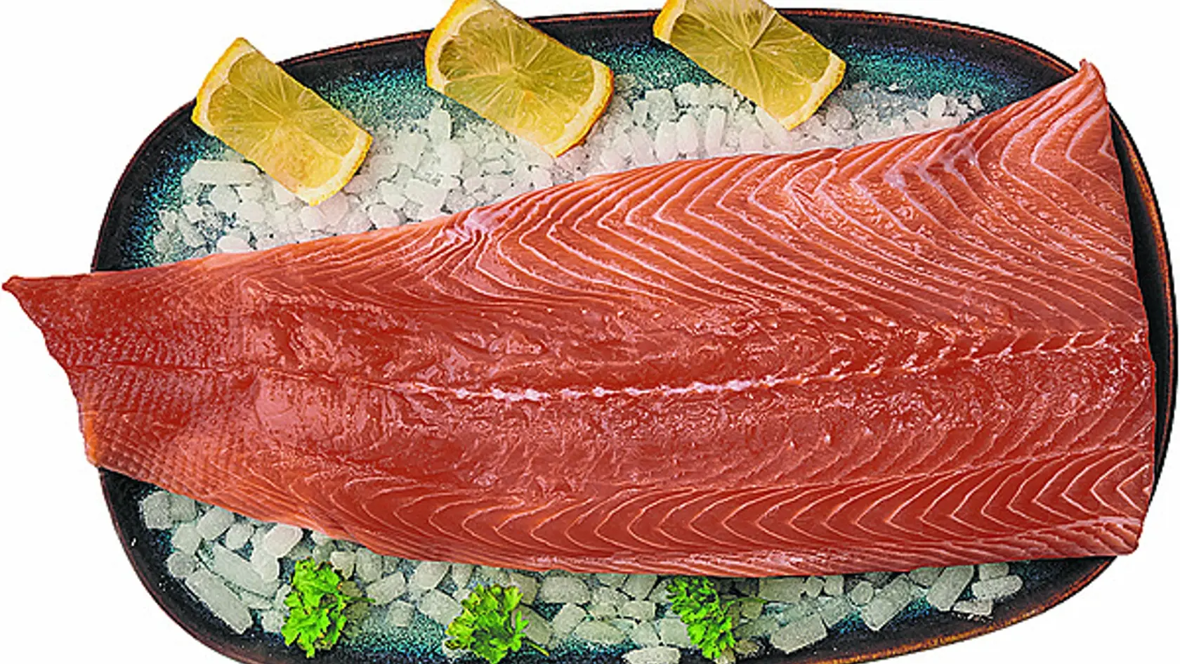 Losos atlantický, zľava 40 %, cena po zľave za 100 g 1,49 eura.