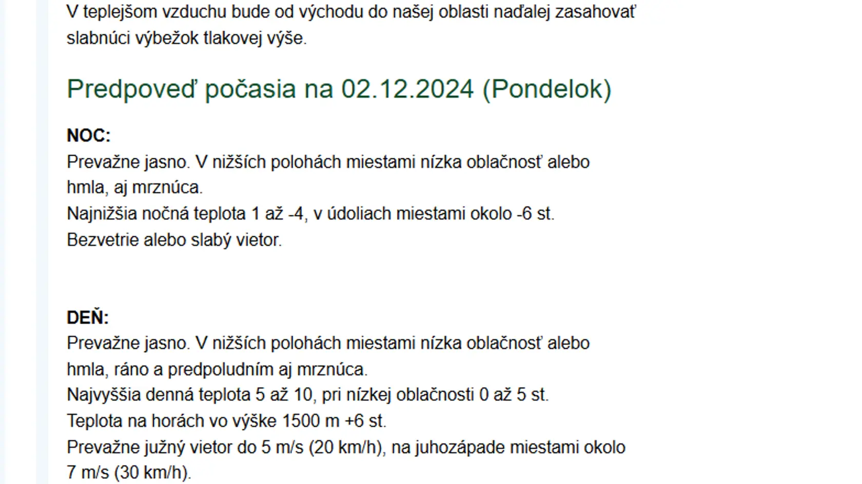Predpoveď počasia na prvý decembrový týždeň.