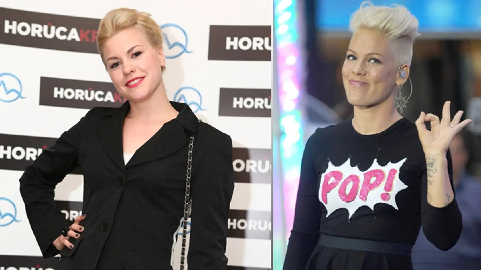 ALENA  PAJTINKOVÁ (vľavo)  v civile. Ako  herečku ju  môžete vidieť  v Divadle Andreja  Bagara v Nitre  a ako speváčku  na letných  festivaloch. Vpravo speváčka Pink.