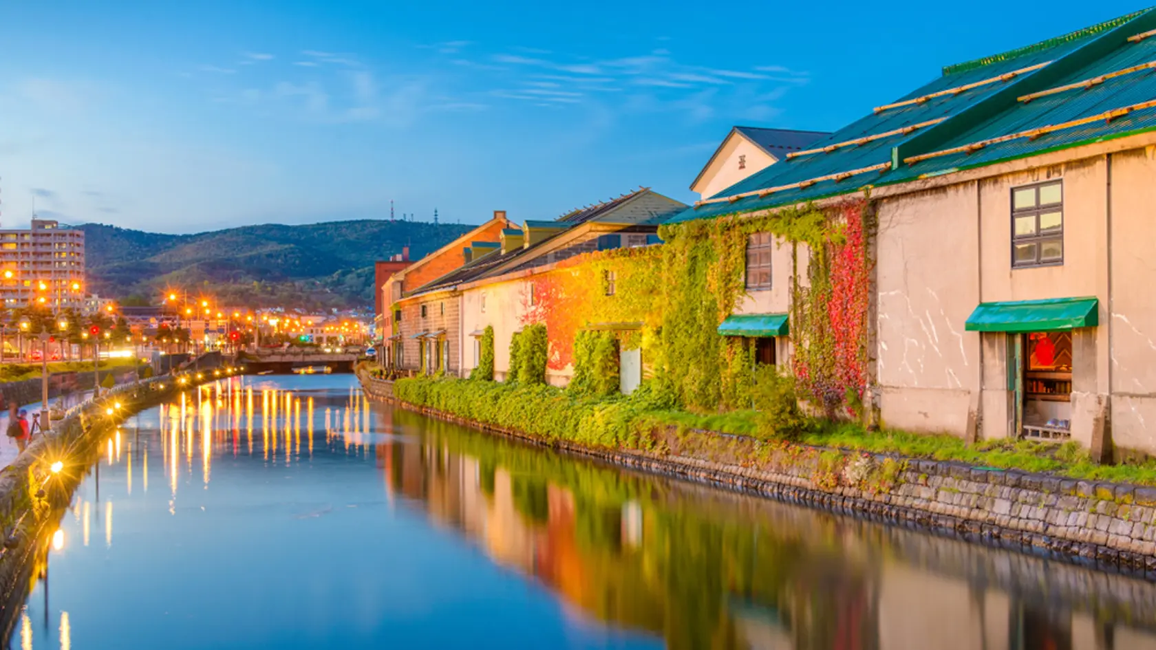 Historic Otaru Canals in Otaru, Hokkaido Prefecture, Japan at twilight.