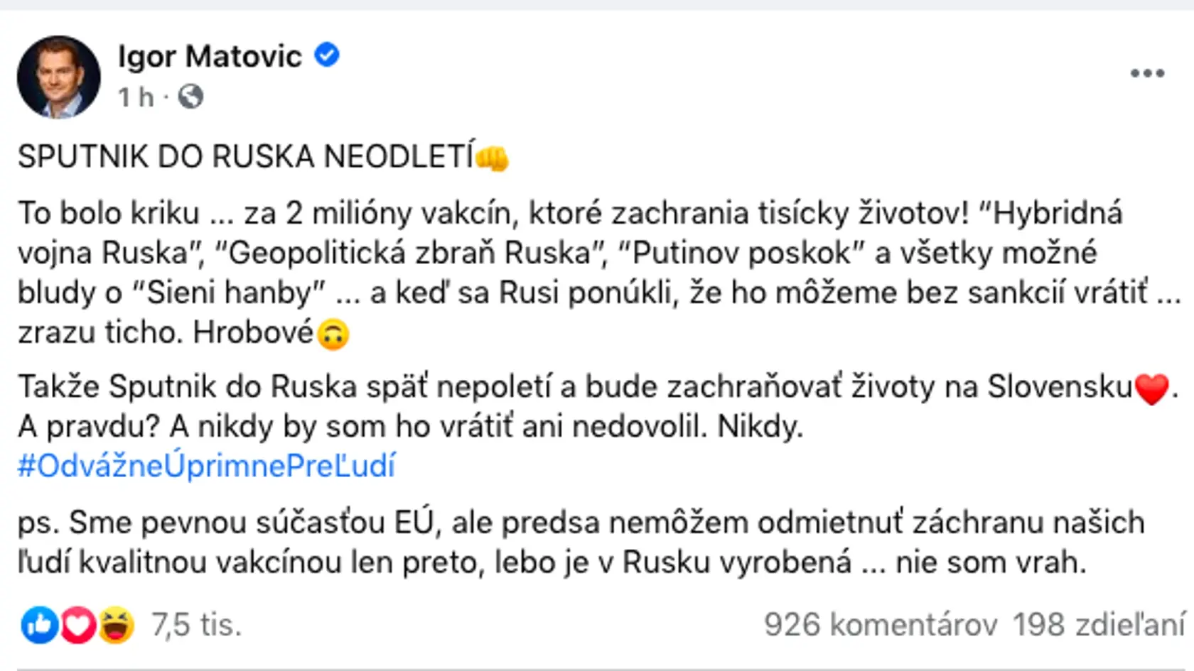 Igor Matovič ruskú vakcínu vrátiť nechce.