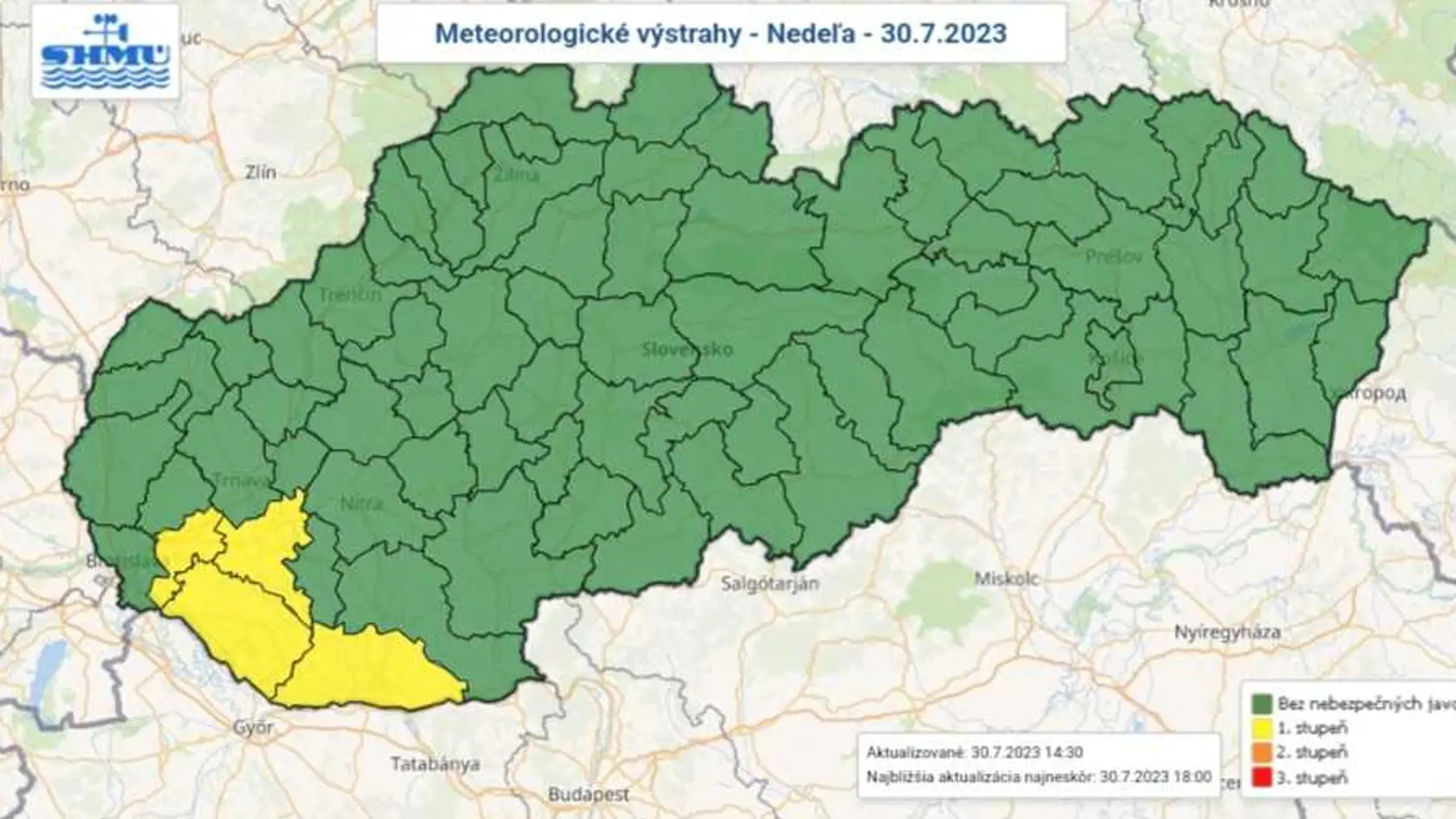 Výstrahy platia pre okresy Senec, Komárno, Dunajská Streda a Galanta. Vyskytnúť sa tam môžu búrky spojené s prudkým lejakom s intenzitou 20 až 30 milimetrov za 30 minút, s nárazmi vetra 65 až 85 kilometrov za hodinu a s krúpami.
