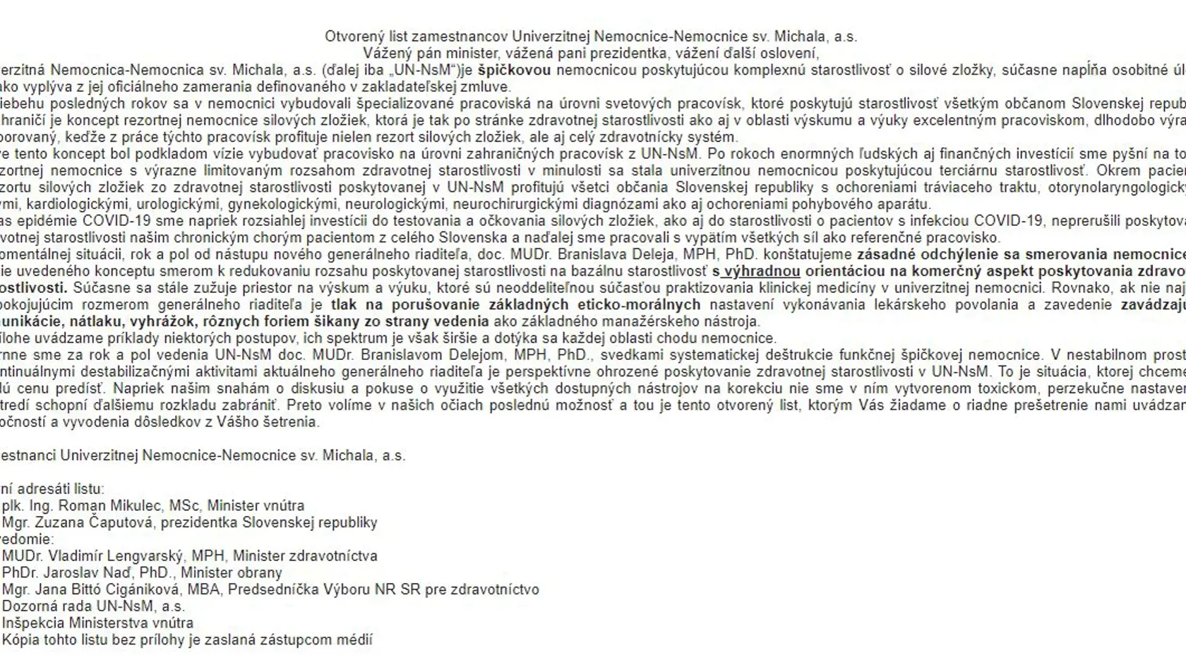 Otvorený list zamestnancov Nemocnice sv. Michala.