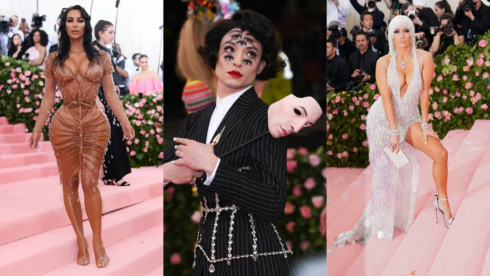 Met Gala 2019, zľava: Kim Kardashian, Ezra Miller a Jennifer Lopez