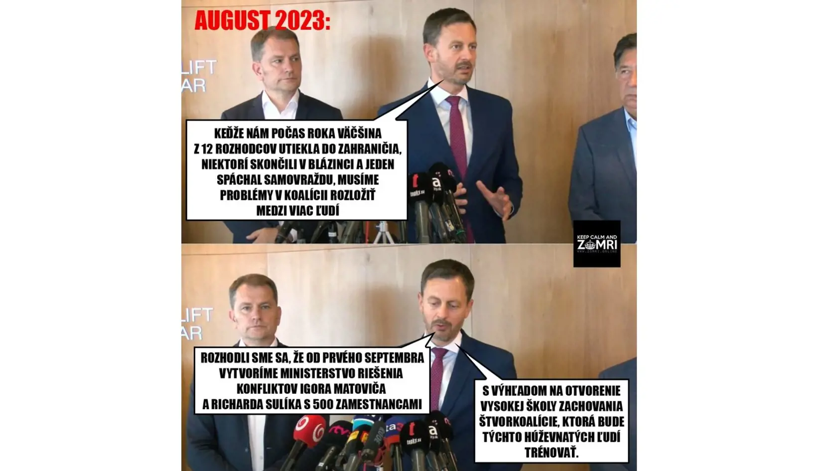 Premiér Eduard Heger vymyslel 12-člennú rozhodcovskú skupinu, ktorá má sledovať spor medzi Matovičom a Sulíkom a rozdávať tresty. Podľa humoristov to v roku 2023 nahradí iný geniálny plán.