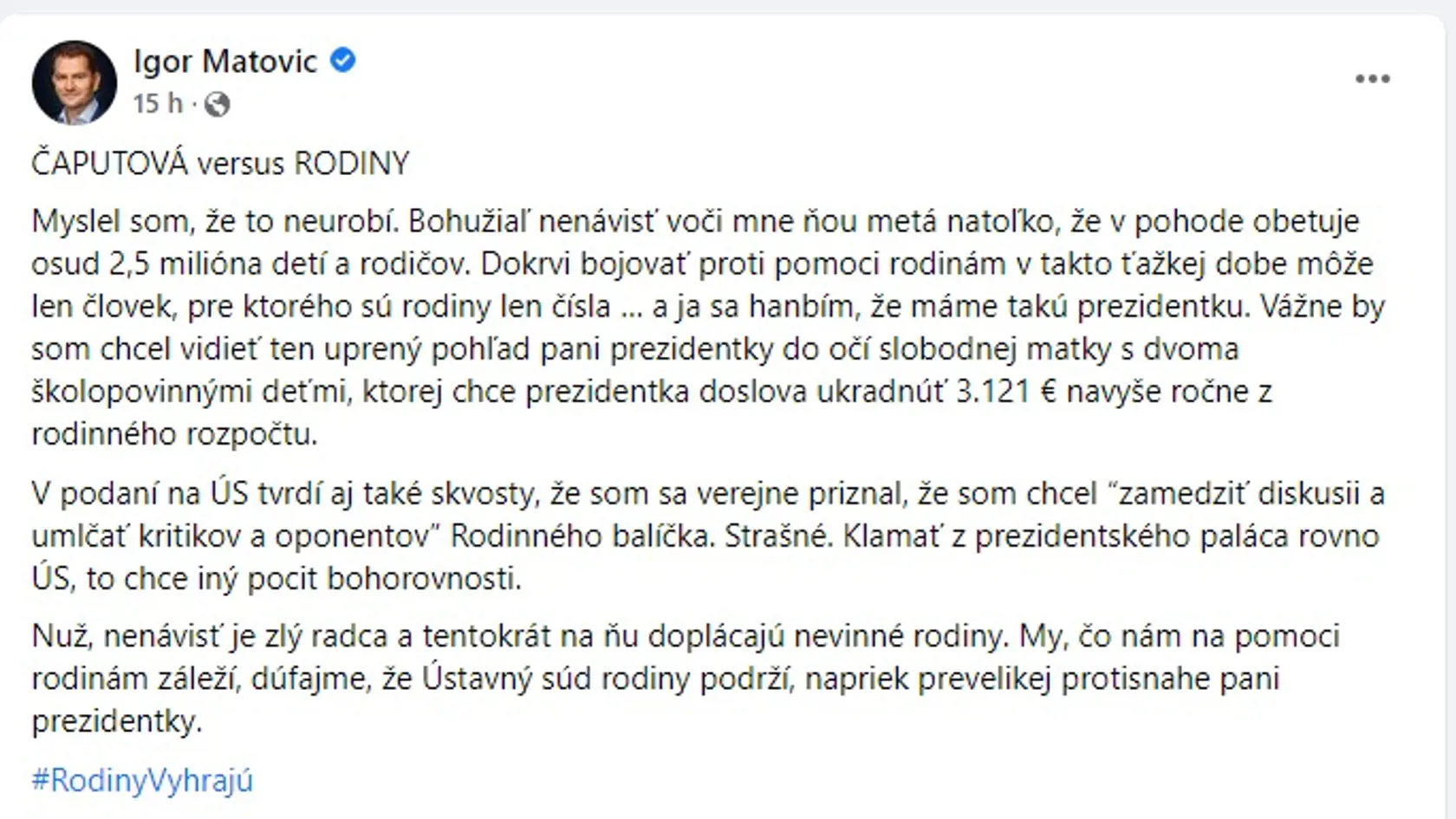 Prezidentka Zuzana Čaputová poslala protiinflačný balíček na Ústavný súd. Minister financií Igor Matovič (OĽANO) ju za to osočil. Minister školstva Branislav Gröhling (SaS) sa za neho ospravedlnil.