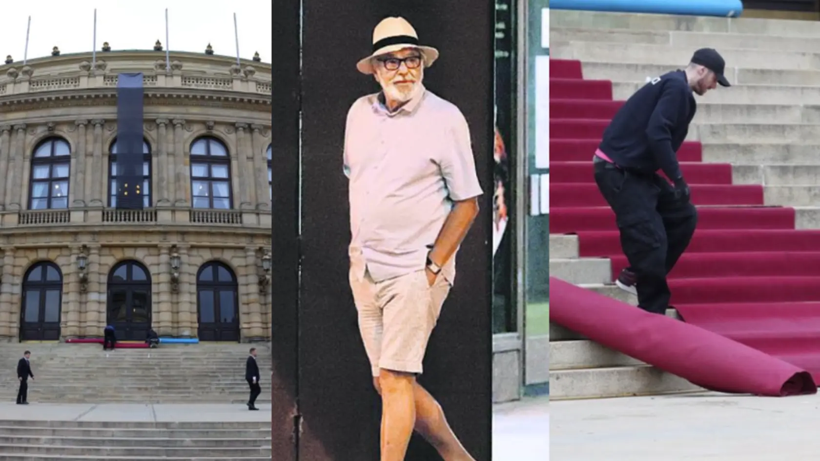 Posledná rozlúčka s Jiřím Bartoškom (†78) v pražskom Rudolfíne. Na schodoch je pripravený červený koberec. 