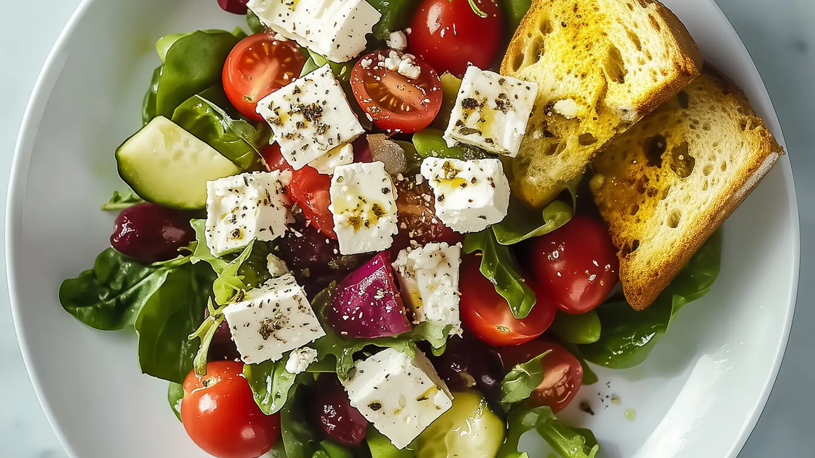 Večera:  Šalát s fetou a s celozrnným chlebom
Čo treba: 20 g šalotky, 60 g cherry paradajok, 75 g hriankového chleba, 70 g zmesi šalátov, 50 g syra feta, 50 g červenej papriky
Postup: Cherry paradajky, nakrájanú šalotku, zmes šalátov a syr feta zmiešame. Podávame s dvoma krajcami celozrnného hriankového chleba.
Kalórie: 437 kcal, Bielkoviny: 17 g, Sacharidy: 51,6 g, Tuky: 15,5 g, Vláknina: 6,3 g