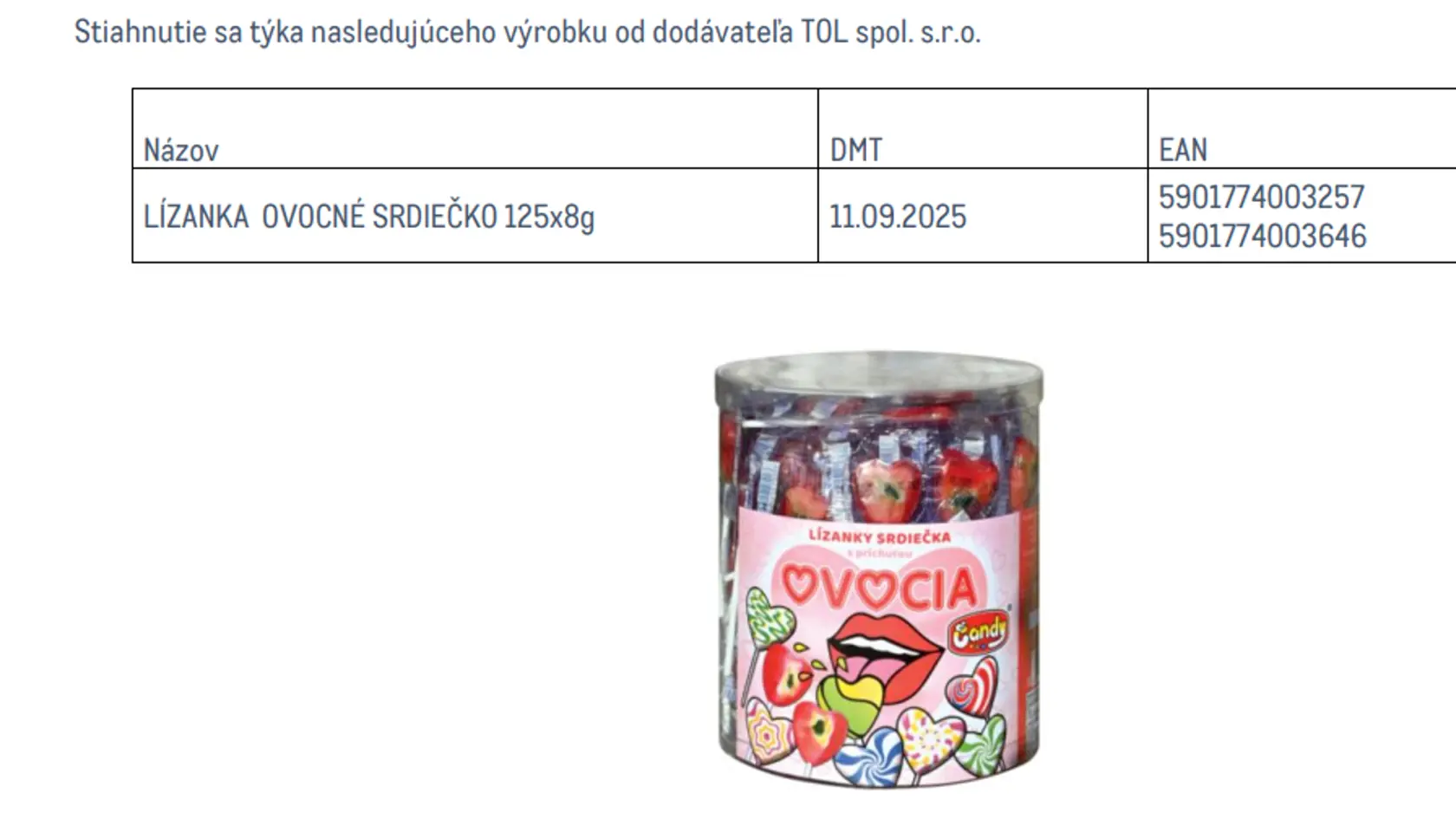 Stiahnutie sa týka nasledovných šarží. 