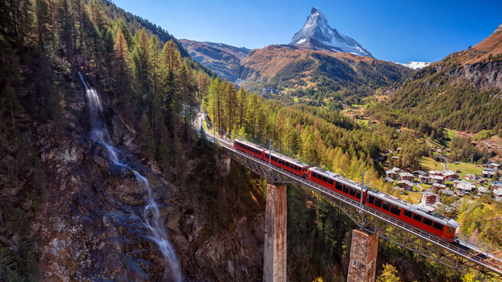 Zermatt, Switzerland. Image of Swiss Alps with Gornergrad tourist train, waterfall and Matterhorn in Valais region.