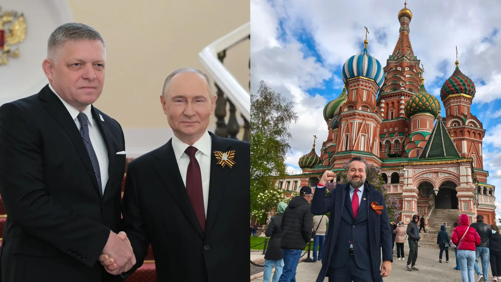Vľavo Robert Fico a Vladimír Putin a vpravo Ľuboš Blaha. 