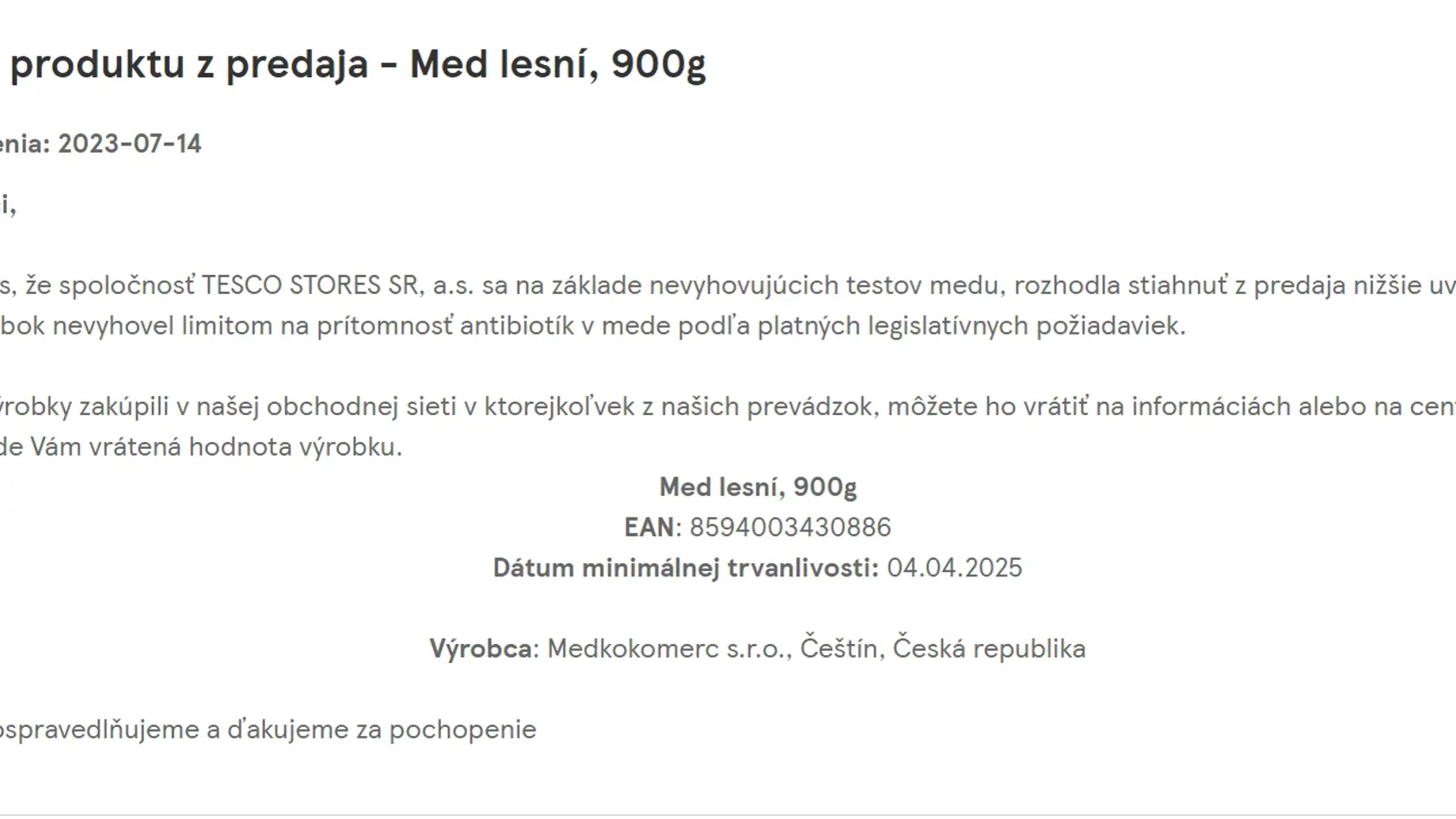 Tesco zverejnil oznam o nevyhovujúcom produkte na svojej webovej stránke.