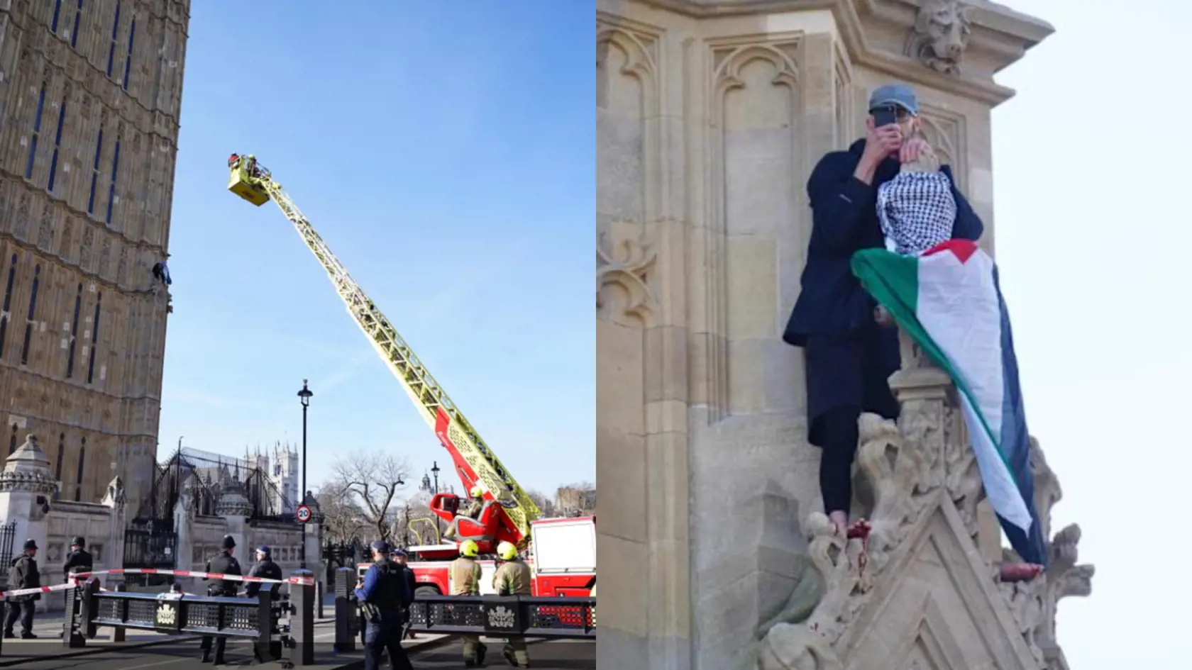 Na Big Ben vyliezol muž s palestínskou vlajkou. 