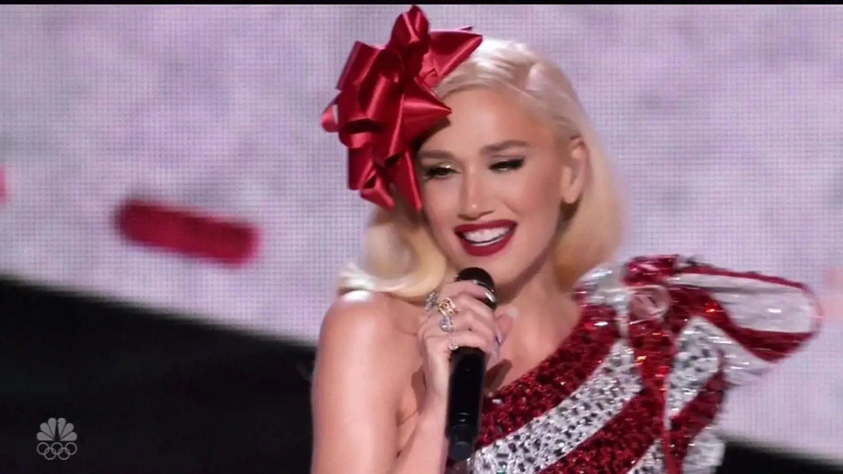** RIGHTS: WORLDWIDE EXCEPT IN UNITED STATES ** Los Angeles, CA  - Gwen Stefani wears 10 different naughty and nice outfits for her Christmas TV special. The 48-year-old singer wowed fans with her hour long NBC special, You Make It Feel Like Christmas. She performed 10 different Christmas songs - and changed outfits for each one. Some were more on the naughty side - like the sexy Mrs Claus with black thigh high leather boots  as she sang Santa Baby while some were more 'nice' - like the princess