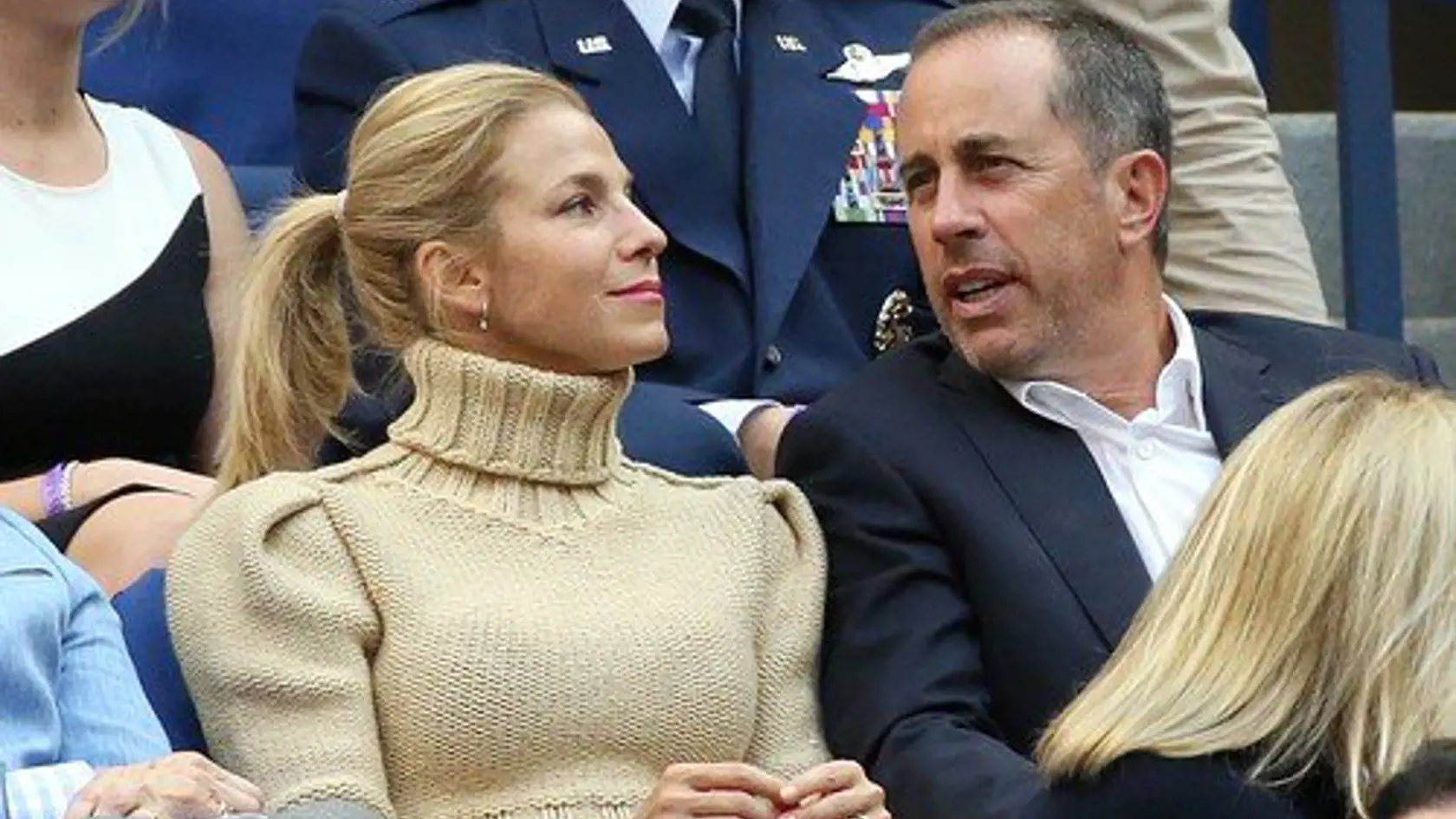 Actor and comedian Jerry Seinfeld greets Tony Bennett at the 2017 US Open Tennis Championships inside Arthur Ashe Stadium at the Billie Jean King Tennis Center in Flushing NY. After, Seinfeld sat with his wife Jessica Seinfeld.  Pictured: Jessica Seinfeld and Jerry Seinfeld, Image: 348988703, License: Rights-managed, Restrictions: -ALLCOUNTRY,-NYPOST,-nyt1,-NWSCM,-nydy,-nyt,-nyt2,-msnlat,-NYDNEX, Model Release: no, Credit line: Profimedia, Splash